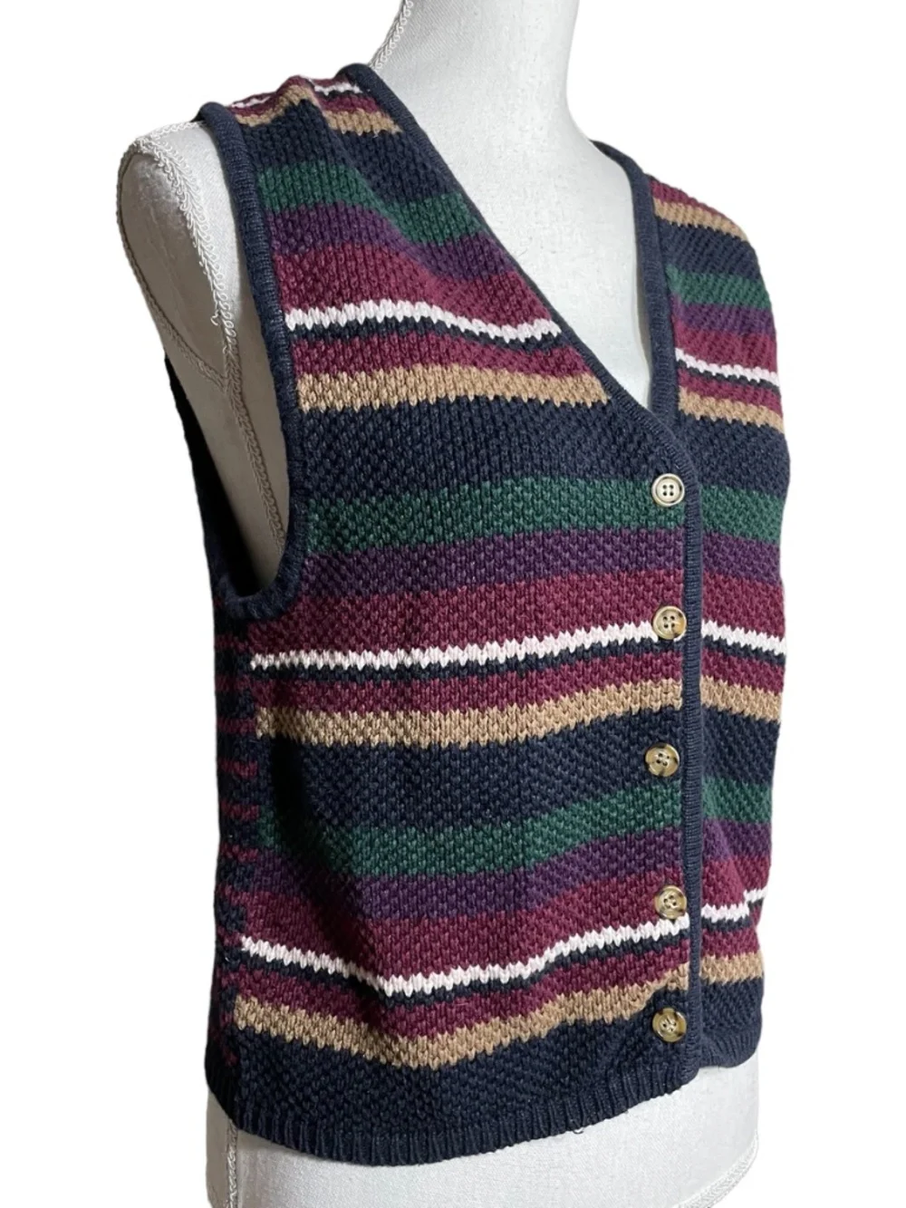 Cosby Striped Sweatervest L Muted Earthy Tones Rainbow V-Neck Button Cardigan